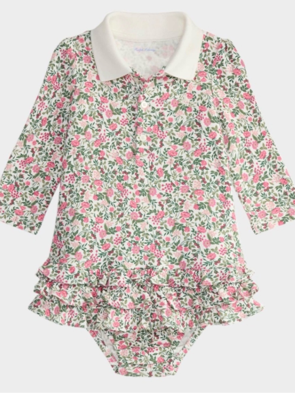 Ralph Lauren Pink and Green Floral Polo Ruffle Onesie
